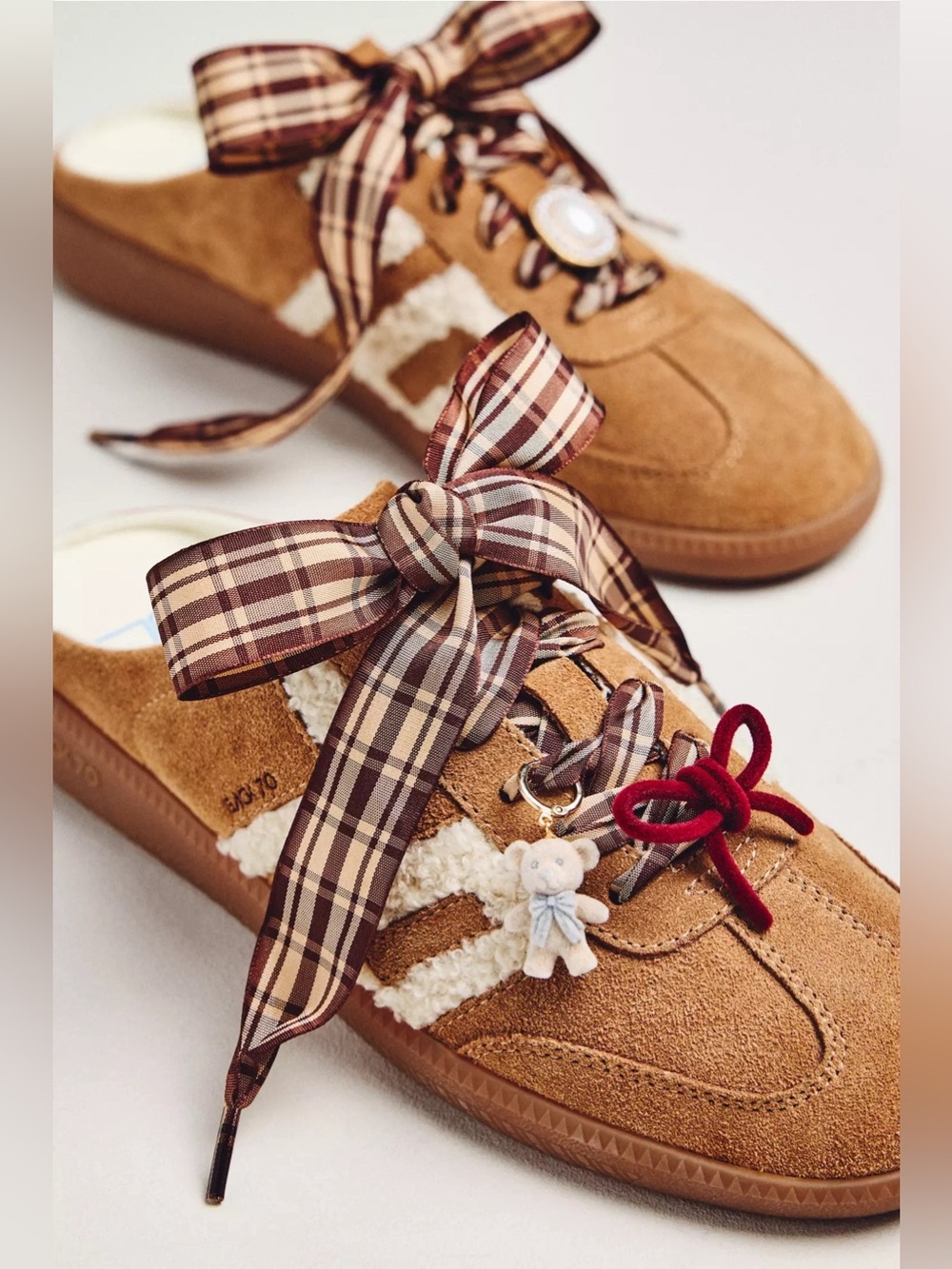 NWT Anthropologie Shoe Charm & Laces Set Brown Plaid & Teddy Bear